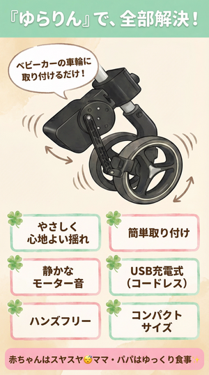 【予約販売中！】ゆらりん　自動ベビーカー揺らし 電動 USB 赤ちゃん用 スムーズな揺れ機能付き